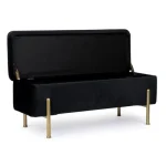Klop IRINA črna . Klop IRINA črna ima zlato lakovano jeklo, strukturo iz MDF-ja. Narejena je iz poliestra, ki odda žametni učinek. Material: - Jeklo - MDF