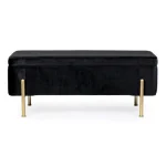 Klop IRINA črna . Klop IRINA črna ima zlato lakovano jeklo, strukturo iz MDF-ja. Narejena je iz poliestra, ki odda žametni učinek. Material: - Jeklo - MDF