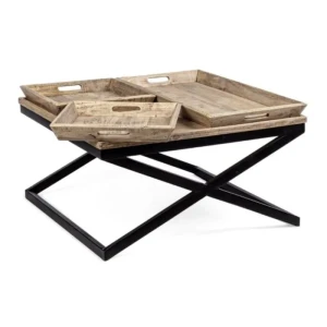 Klub miza TRAY 90x90 . Klubska miza TRAY je dobavljiva v črno - rjavi kombinaciji. Noge so kovinske, plošča pa je lesena (mango). Mizica ima tri pladne, ki