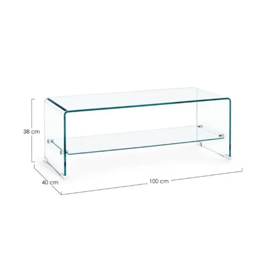 Klubska miza 2P IRIDE 100X40 . Klubska miza IRIDE je izdelana iz 10mm debelega stekla. Polica je iz kaljenega stekla debeline 5mm. Dimenzije: širina: 100cm