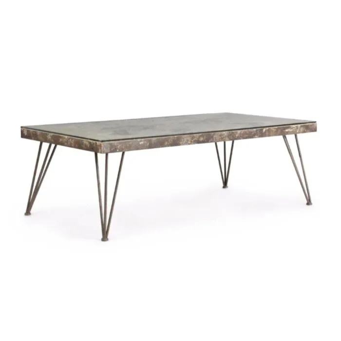 Klubska miza ATLANTIDE 140X75 . Klubska miza ATLANTIDE je sestavljena iz kovinskega okvirja starinskega izgleda, mizna plošča je iz MDF-ja in stekla.