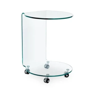 Klubska miza IRIDE na kolesih . Klubska miza IRIDE je narejena iz stekla debeline 10 mm. Vrtljive noge so iz plastike. Klubska miza je izjemno priročen in