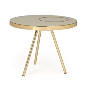 Klubska miza KESAR bež D51 . Klubska miza KESAR je narejena iz kovinske kontrukcije z medeninastim zaključkom. Zgornji del ima emajliran zaključek.