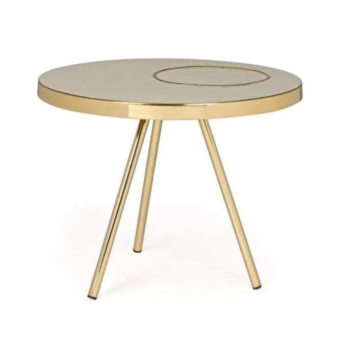 Klubska miza KESAR bež D51 . Klubska miza KESAR je narejena iz kovinske kontrukcije z medeninastim zaključkom. Zgornji del ima emajliran zaključek.