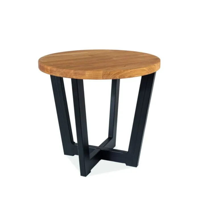 Klubska miza KONI . Klubska miza KONI je kvalitetna ter stabilna. Mizna plošča je iz masivnega hrastovega lesa. Podnožje mizne plošče je kovinsko, barvano