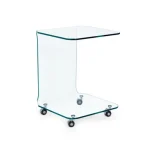 Klubska miza na kolesih IRIDE kvadrat . Klubska miza IRIDE je izdelana iz 10 mm debelega stekla. Njena prednost so vrtljive noge. Vrtljive noge omogočajo