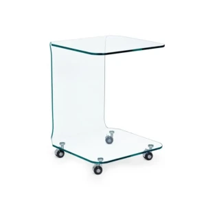 Klubska miza na kolesih IRIDE kvadrat . Klubska miza IRIDE je izdelana iz 10 mm debelega stekla. Njena prednost so vrtljive noge. Vrtljive noge omogočajo