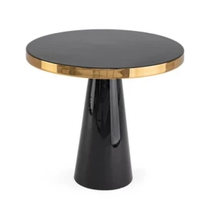 Klubska miza NANDIKA D51 črna . Klubska miza NANDIKA D51 črna ima kovinski okvir ter zgornji rob z medeninastim zaključkom. Je v črni barvi z zlatim