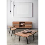 Klubska mizica ARON 115x65 . Klubska mizica ARON 115x65 ima kovinske noge in vrh iz lesa ki ima nepravilne robe (učinek živega lesa). Ker je les obdelan