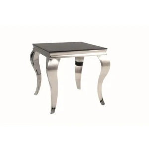 Klubska mizica KRALJ ČRNA . Klubska mizica KRALJ ČRNA modernega dizajna. Mizna plošča je narejena iz kaljenega stekla črne barve. Mizno podnožje je