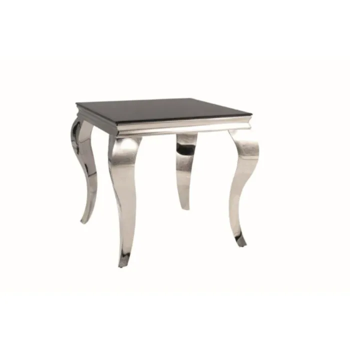 Klubska mizica KRALJ ČRNA . Klubska mizica KRALJ ČRNA modernega dizajna. Mizna plošča je narejena iz kaljenega stekla črne barve. Mizno podnožje je