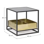 Klubska mizica MAVILA 42x42 . Klubska mizica MAVILA 42 x 42 je narejena iz kovine. Mizna plošča je narejena iz stekla. V spodnjem delu mizice je prostor za