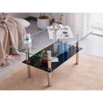 Moderna klubska mizica NAMI, je eleganten kos pohištva. Zgornja mizna plošča je narejena iz prozornega kaljenega stekla 8mm debeline. Spodnja mizna plošča