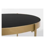 Klubska mizica RASHIDA 63x46 zlata se odlično poda v vsak prostor. Narejena je iz kovine in ima steklen vrh. Kombinacija črne in zlate barve prinaša