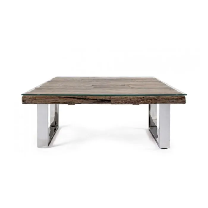 Klubska mizica STANTON 100x100 . Klubska mizica STANTON 100 x 100 cm ima top iz lesa in naravno končno oblogo iz kaljenega stekla. Miza stoji na trdnih nogah