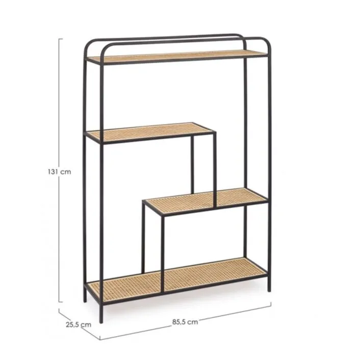 Knjižna omara ELYOT 4P . Knjižna omara ELYOT 4P ima kovinsko ogrodje in ratan kombinacijo. Samo za interno uporabo. Material: - Kovina - Ratan Barva: - Črna