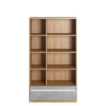 Knjižna omara IRE je opremljena s širokim, prostornim predalom. Tanko ohišje, police v barvi lesa v kombinaciji s sivim predalom poskrbijo, da je knjižna