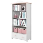 Knjižna omara LINA . Knjižna omara LINA je opremljena z globokomi policami. Na dnu je predal, kateri je prostoren in lahko dostopen otroškim rokam. Primerna