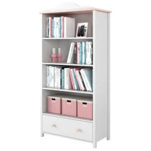 Knjižna omara LINA . Knjižna omara LINA je opremljena z globokomi policami. Na dnu je predal, kateri je prostoren in lahko dostopen otroškim rokam. Primerna