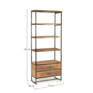 Knjižna polica ELMER 4P-2C . Knjižna polica ELMER 4P-2C ima kovinski okvir, police in predali pa so iz lesa. Ker je les obdelan ročno, so oblike in