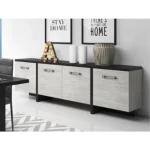 Komoda LEON . Komoda LEON je zelo eleganten in stabilen. Primeren je za vsako dnevno sobo. Korpus regala ja v barvi črnega bora, fronta regala pa je v barvi