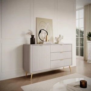 Komoda LILJA 3 . Elegantna in moderna komoda LILJA 3 je eleganten kos pohištva, ki popestri vaš prostor. Njen poseben dizajn vas bo navdušil, saj prinese