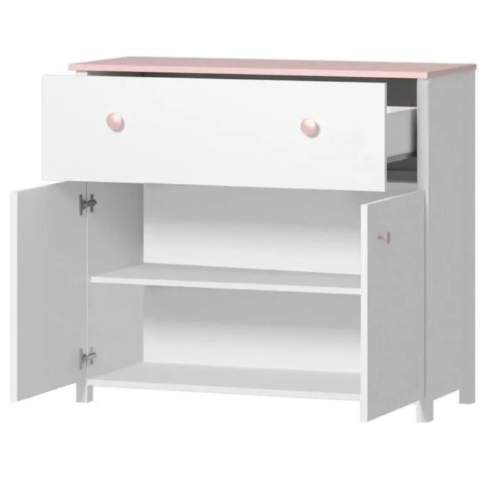 Komoda LINA Komoda LINA . Komoda LINA je elegantna komoda z dvema vratama in dostopnim predalom. Odlično se poda vsaki sobi. Dimenzije: - Š:110 x V:90 x G:42 cm