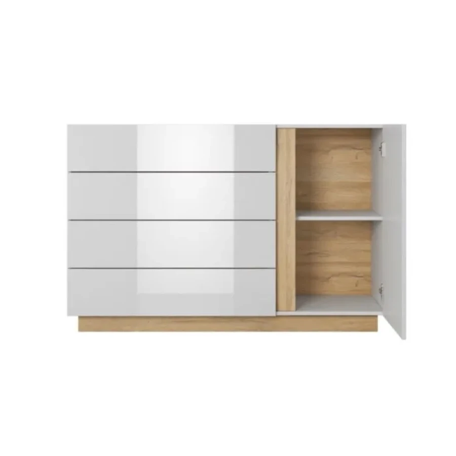 Komoda NANCY . Elegantna in moderna komoda NANCY je narejena iz odličnih materialov v bela visoki sijaj/hrast dekorju. Barva: Bela visoki sijaj / hrast