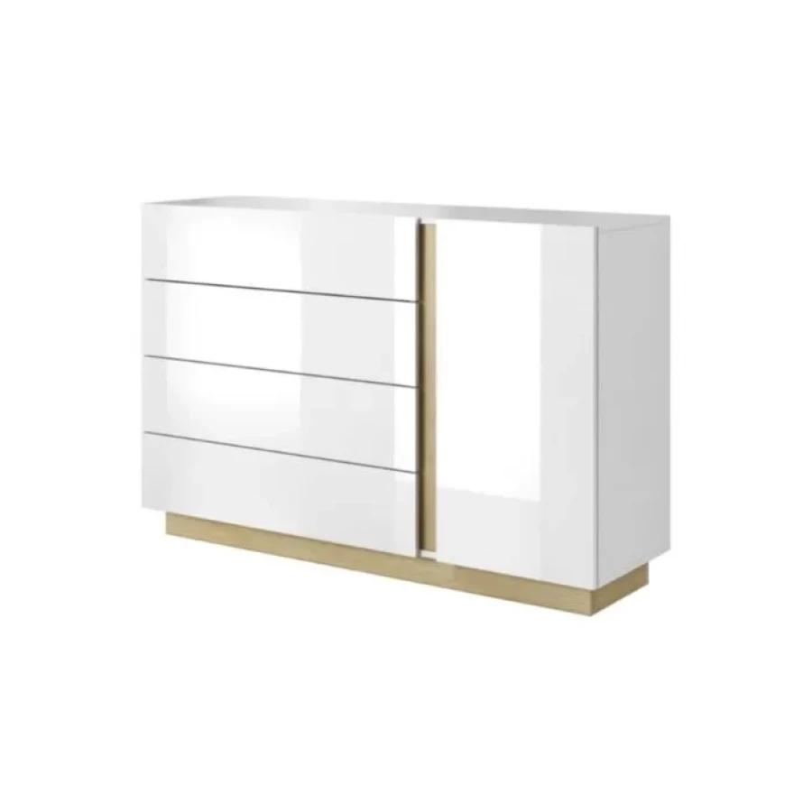Komoda NANCY . Elegantna in moderna komoda NANCY je narejena iz odličnih materialov v bela visoki sijaj/hrast dekorju. Barva: Bela visoki sijaj / hrast