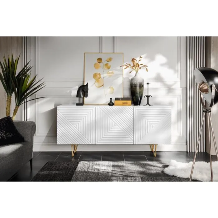 Komoda PIRAMIDA bela . Komoda PIRAMIDA je moderno oblikovana in elegantnega videza, brez ročajev. Sistem odpiranja push to open tihega zapiranja. V beli mat