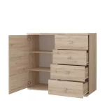 Komoda RENATA je primerna za vsak prostor. Korpus in fronta regala sta v barvi svetlega hrasta. Narejena je iz laminirane plošče debeline 16 mm z ABS