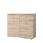 Komoda RENATA je primerna za vsak prostor. Korpus in fronta regala sta v barvi svetlega hrasta. Narejena je iz laminirane plošče debeline 16 mm z ABS