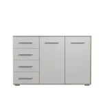 Komoda RITA . Komoda RITA je primerna za vsak prostor. Korpus je v barvi hrast sonoma, fronta je v beli barvi mat .Noge in ročaji so plastični. Regal je