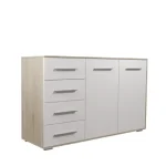 Komoda RITA . Komoda RITA je primerna za vsak prostor. Korpus je v barvi hrast sonoma, fronta je v beli barvi mat .Noge in ročaji so plastični. Regal je