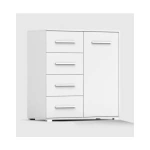 Komoda RITA 2 . Komoda RITA 2 je primerna za vsak prostor. Noge in ročaji so plastični. Regal je narejen iz laminirane plošče debeline 16 mm z ABS robovi.