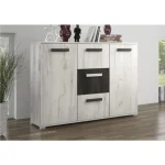 Komoda TINA 2 . Komoda TINA je primerna za vsak prostor. Korpus in fronta omare so dobavljivi v hrast beli barvi, ročaji in fronta enga predalnika pa so