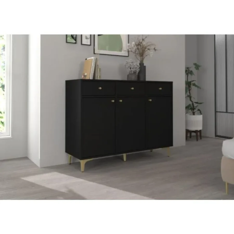 Komoda TOMI . Komoda TOMI je prava izbira za sodobne in elegantne prostore. Narejena iz kakovostne laminirane plošče debeline 16 mm, zagotavlja trdnost in