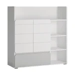 Čudovito zasnovana kompletna spalnica ALBA, izdelana iz MDF-ja z ABS robovi, v elegantni beli barvi s kombinacijo sive, ponuja popolno rešitev za urejen in