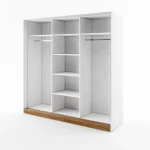 Kompletna spalnica DANI . Kompletna spalnica DANI je izdelana iz trpežne laminirane plošče, zaključene s trpežnim ABS robom. Dobavljiva je v beli barvi s