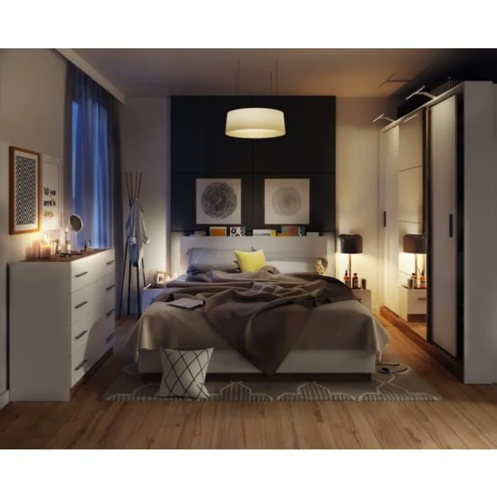 Kompletna spalnica DANI . Kompletna spalnica DANI je izdelana iz trpežne laminirane plošče, zaključene s trpežnim ABS robom. Dobavljiva je v beli barvi s