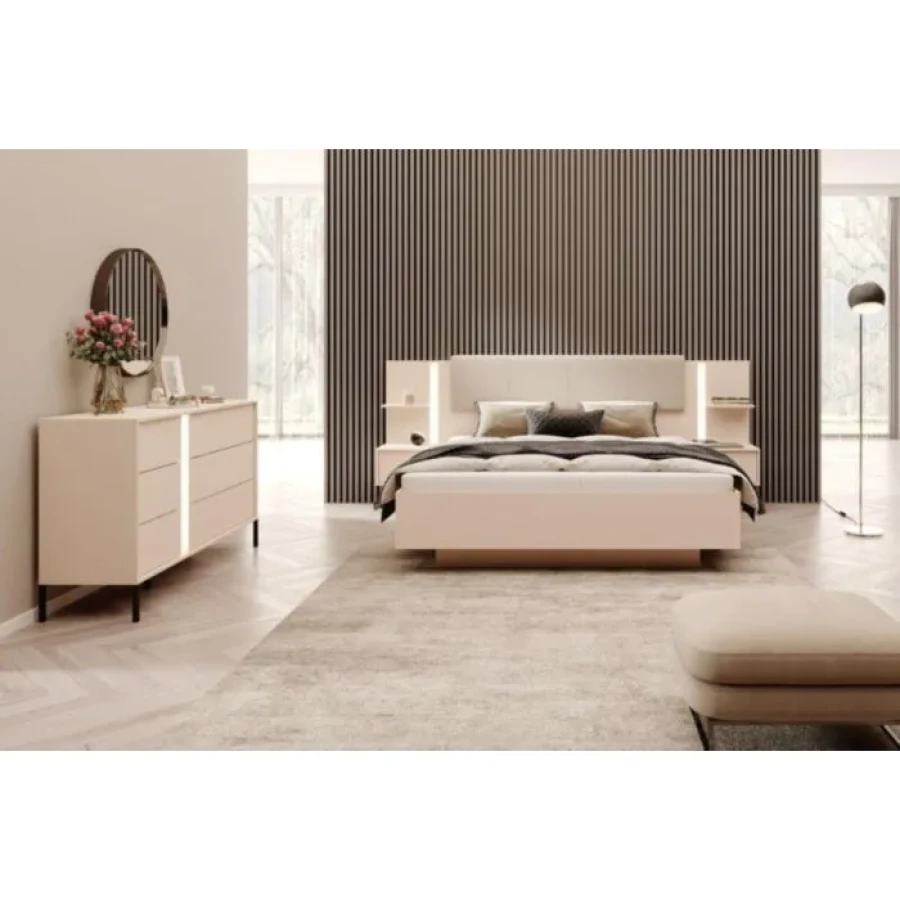 Kompletna spalnica DAŠA . Elegantna in moderna spalnica DAŠA je narejena iz odličnih materialov v barvi beige. Sestavljena je iz garderobne omare, komode,