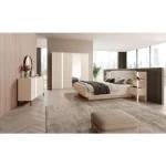 Elegantna in moderna spalnica DAŠA je narejena iz odličnih materialov v barvi beige. Sestavljena je iz garderobne omare, komode, postelje z zabojom za