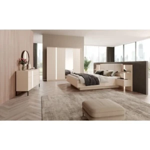 Kompletna spalnica DAŠA . Elegantna in moderna spalnica DAŠA je narejena iz odličnih materialov v barvi beige. Sestavljena je iz garderobne omare, komode,