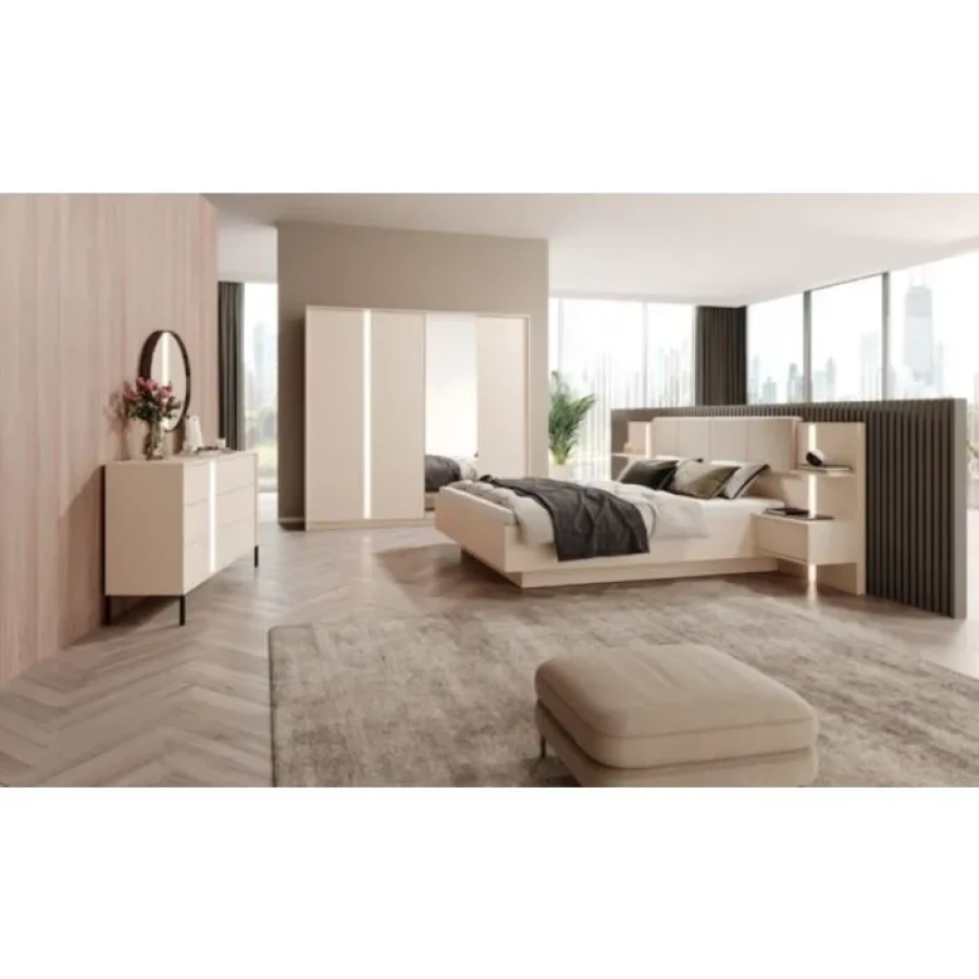 Kompletna spalnica DAŠA . Elegantna in moderna spalnica DAŠA je narejena iz odličnih materialov v barvi beige. Sestavljena je iz garderobne omare, komode,