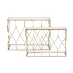 Konzola SET2 ELENOR . Konzola ELENOR je sestavljena iz kovinskega ogrodja, prašno barvanega (zlata barva). Mizna plošča je iz stekla. Dimenzije: širina: