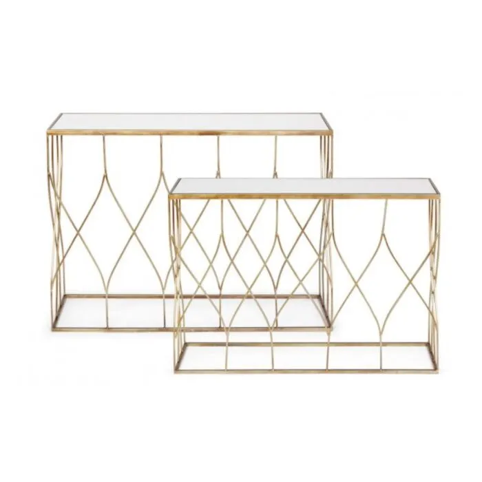 Konzola SET2 ELENOR . Konzola ELENOR je sestavljena iz kovinskega ogrodja, prašno barvanega (zlata barva). Mizna plošča je iz stekla. Dimenzije: širina: