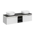 Kopalniški blok AURORA 150 . Kopalniški blok AURORA 150 je narejen iz kvalitetne laminirane plošče. V ceno je vključeno 2 x umivalnik, 2 x omarica pod