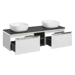 Kopalniški blok AURORA 150 . Kopalniški blok AURORA 150 je narejen iz kvalitetne laminirane plošče. V ceno je vključeno 2 x umivalnik, 2 x omarica pod