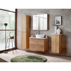 Kopalniški blok CAP80 hrast . Kopalniški blok CAP80 je odlične kvalitete, narejen iz odličnih materialov.Vsebuje umivalnik, omarico pod umivalnikom, omaro