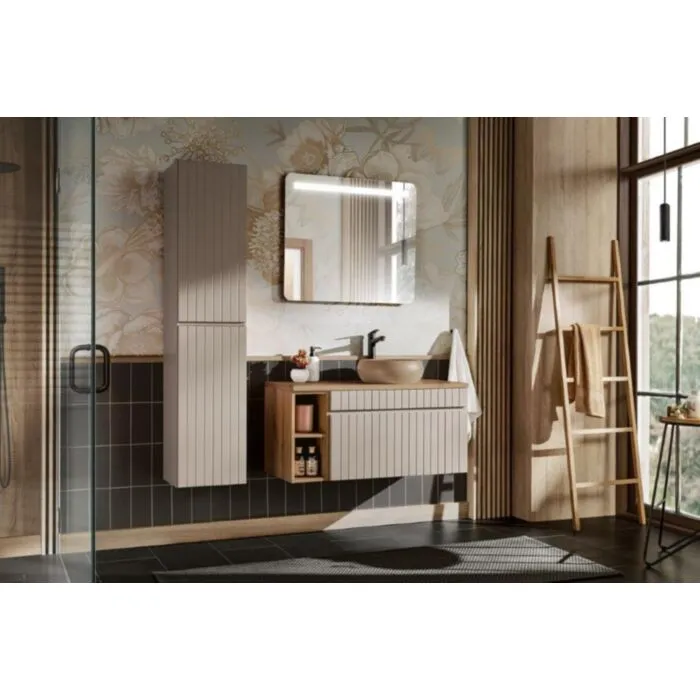 Kopalniški blok KAPUČIN 100 . Kopalniški blok KAPUČIN 100 je hkrati enostaven in eleganten. Nežni kašmir elementi s kombinacijo elementov v hrast barvi